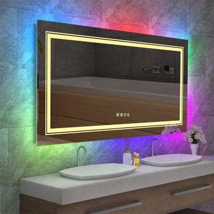 Espejo de Baño LED Rectangular Grande Glitzy RGB con Doble Iluminación, Retroiluminación RGB de Color Variable, Regulable, Antivaho y a Prueba de Roturas