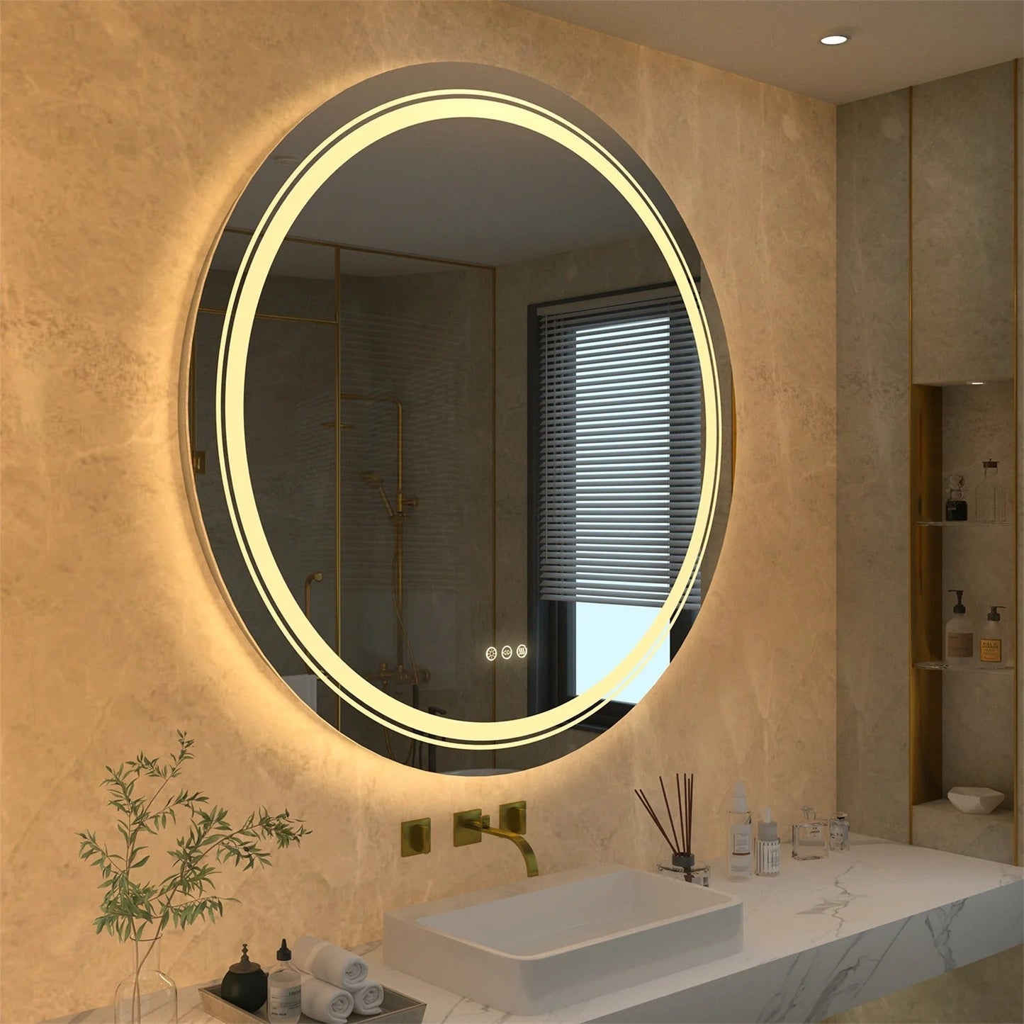 Espejo de Baño LED de Tocador Redondo Extra Grande de 90 cm con Doble Iluminación, Luces Regulables y Antivaho