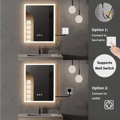 Espejo de Baño LED Inteligente Rectangular con Luz Frontal, Antivaho, Montaje en Pared y Botón Táctil con Función de Memoria