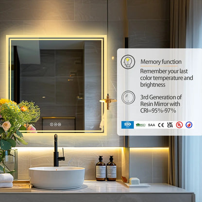 Espejo de Baño Cuadrado con Luz LED Retroiluminada, Espejo de Maquillaje o de Pared, Espejo de Tocador sin Marco, Antivaho