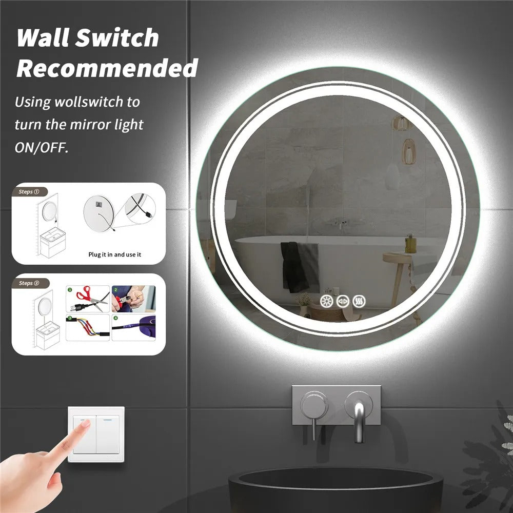 Espejo Redondo Inteligente para Baño con Doble Iluminación LED, Regulable y Antivaho, Montaje en Pared