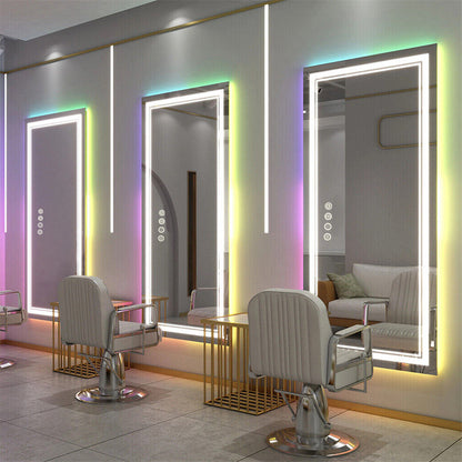 Espejo de Baño LED Rectangular Grande Glitzy RGB con Doble Iluminación, Retroiluminación RGB de Color Variable, Regulable, Antivaho y a Prueba de Roturas