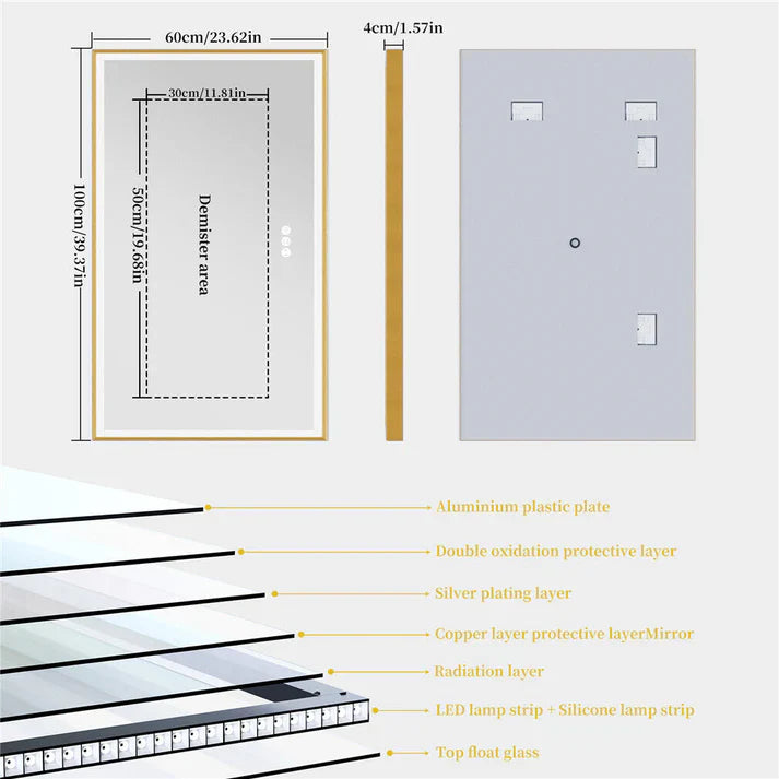 Espejo de Baño LED Rectangular Extra Grande con Marco de Aluminio Dorado e Iluminación Frontal