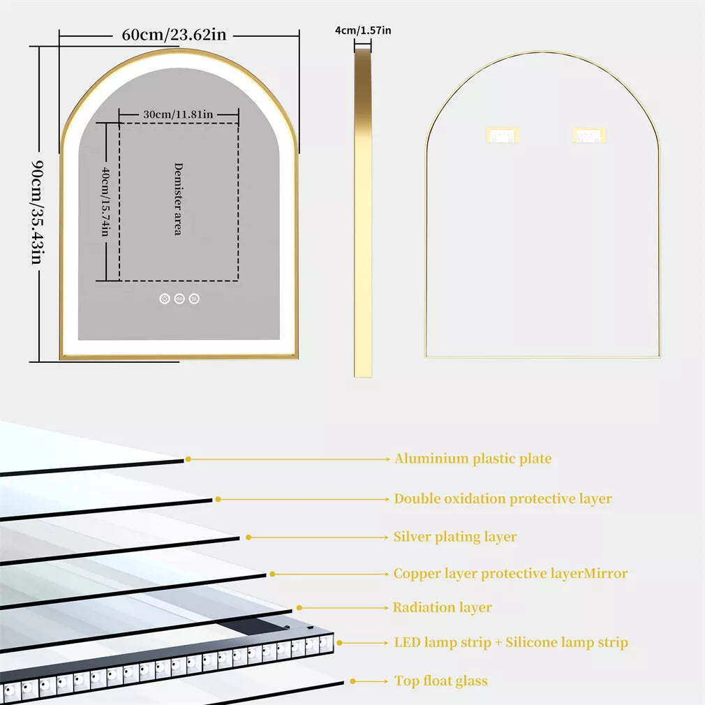 Espejo de Baño Inteligente LED Iluminado con Marco de Aluminio Dorado Arqueado, Iluminación Frontal, Atenuación de 3 Colores, Función Antivaho y Memoria