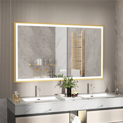 Espejo de Baño LED Rectangular Extra Grande con Marco de Aluminio Dorado e Iluminación Frontal