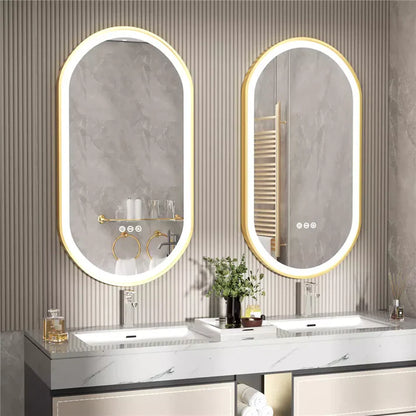 Espejo de Baño LED Ovalado con Marco de Aluminio Dorado, Iluminación Frontal Inteligente, Montaje en Pared y Función Antivaho