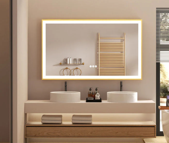 Espejo LED Inteligente Rectangular con Marco de Aluminio Dorado, Luz Frontal, Antivaho y Montaje en Pared para Baño